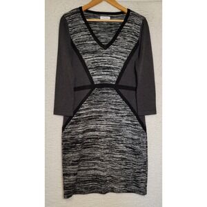 Calvin Klein Sweater Dress Large Black Gray 3/4 Sleeve V-Neck Pullover 1194